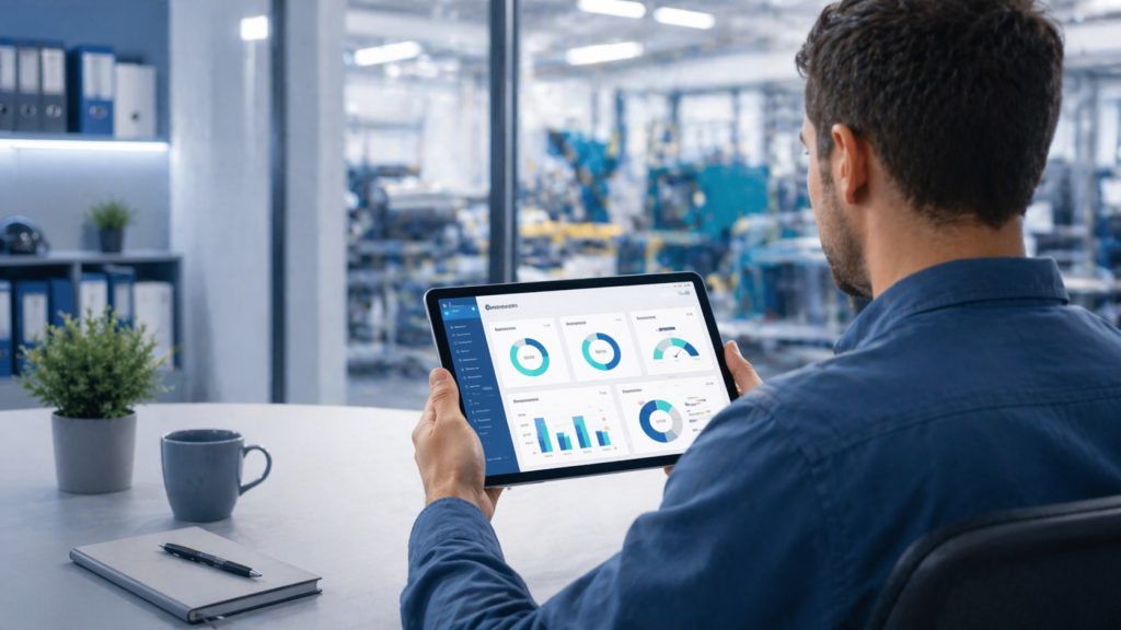 Responsable de mantenimiento revisando indicadores de mantenimiento en un dashboard GMAO desde una tablet