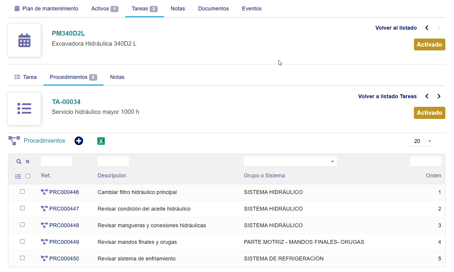 Procedimientos de mantenimiento organizados por sistema para una excavadora 340D2 L